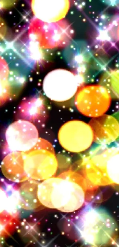 Mobile wallpaper with colorful bokeh lights and sparkling star effects.