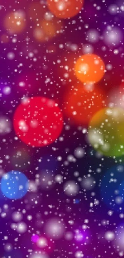 Mobile wallpaper with colorful bokeh and snow effect on a purple background.