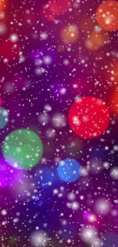 Colorful bokeh wallpaper with snow effect on purple background