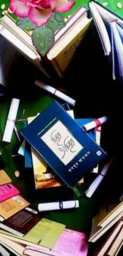 Colorful circular book arrangement with a central blue book and a pink flower detail.