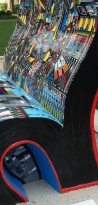 Colorful abstract book-shaped bench art installation.