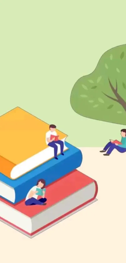 Illustration of colorful books with people reading and a green tree.