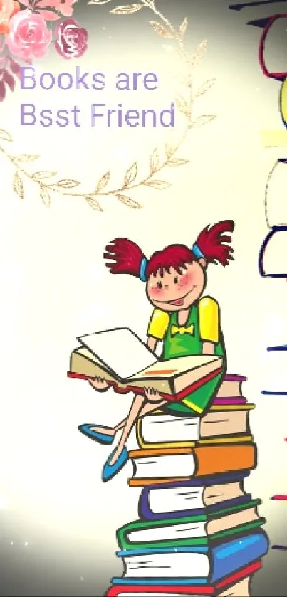 Whimsical illustration of girl reading atop a book stack.