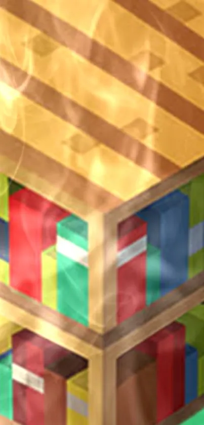 Colorful isometric bookshelf with wooden texture art.