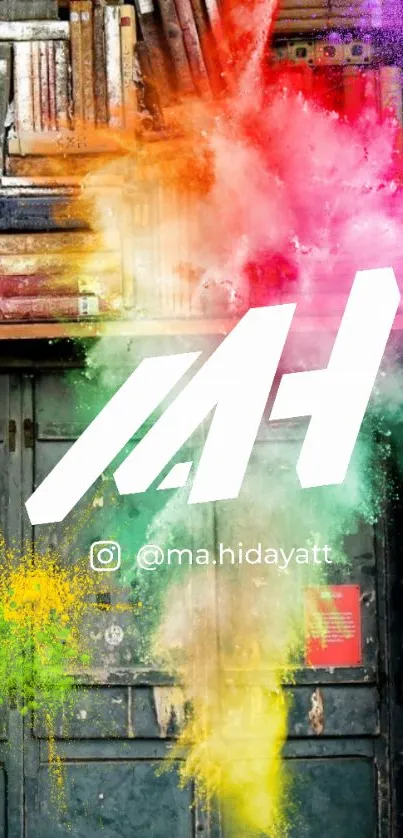 Colorful splash over bookshelf with 'MH' logo.