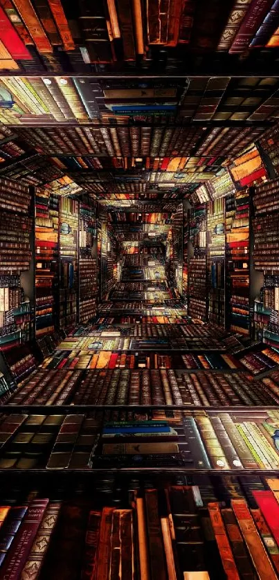 Artistic wallpaper of an infinite bookshelf tunnel with vibrant colors.