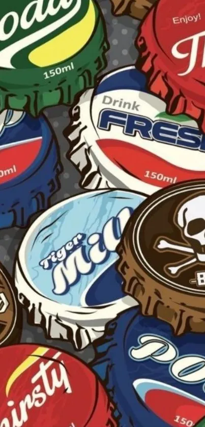 Colorful cartoon-style bottle cap collage art.