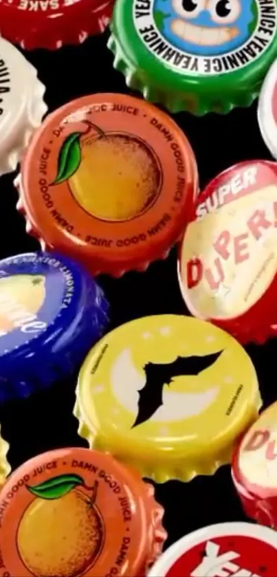 Colorful bottle caps on a black background.