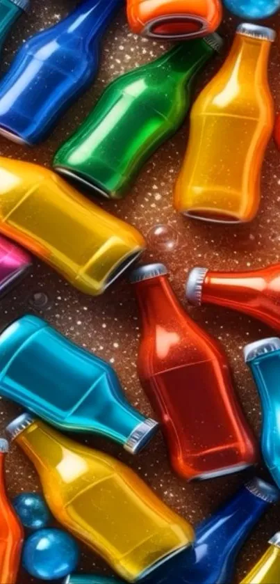Vibrant wallpaper featuring colorful soda bottles with sparkly details.