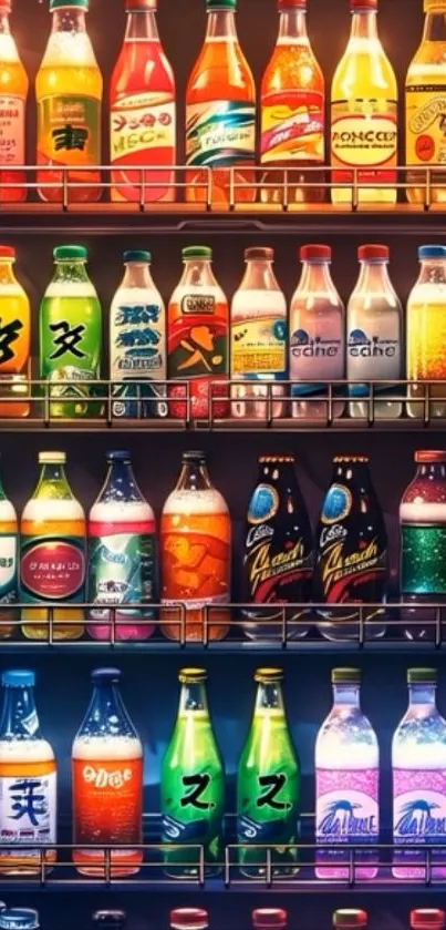 Colorful collection of beverage bottles on a shelf.