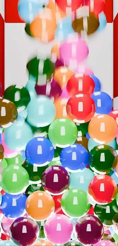 Colorful balls bouncing against a vibrant red and white backdrop.