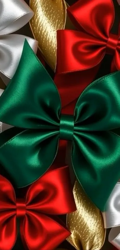 Colorful wallpaper with red, green, white, and gold bows