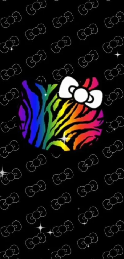 Colorful zebra pattern with a bow on black background.