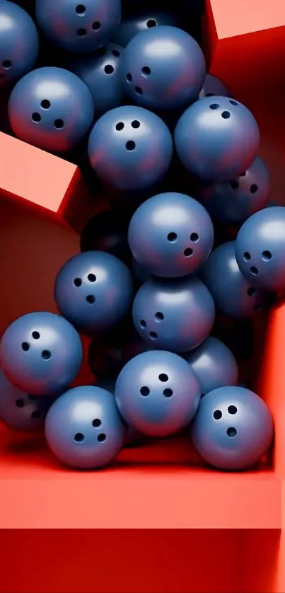 Blue bowling balls in red geometric pattern wallpaper.