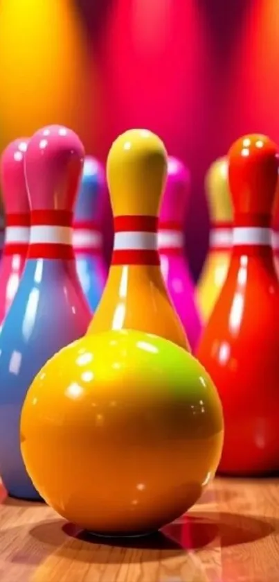 Colorful bowling pins with vibrant background.