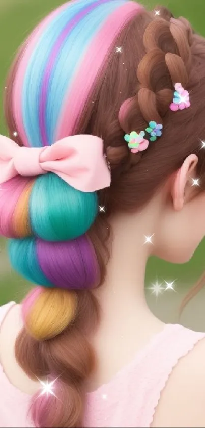 Colorful braided hair wallpaper with floral accents and a pink bow.