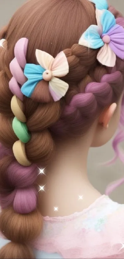 Whimsical braided hair with pastel bows on a mobile wallpaper.