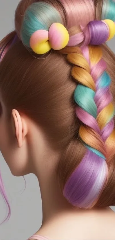 Colorful braided hairstyle with pastel hues on mobile wallpaper.