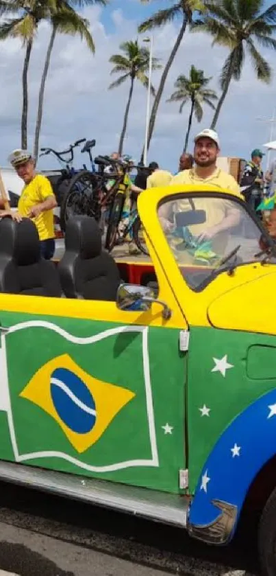 Colorful car in Brazilian themed parade with flags and palm trees.