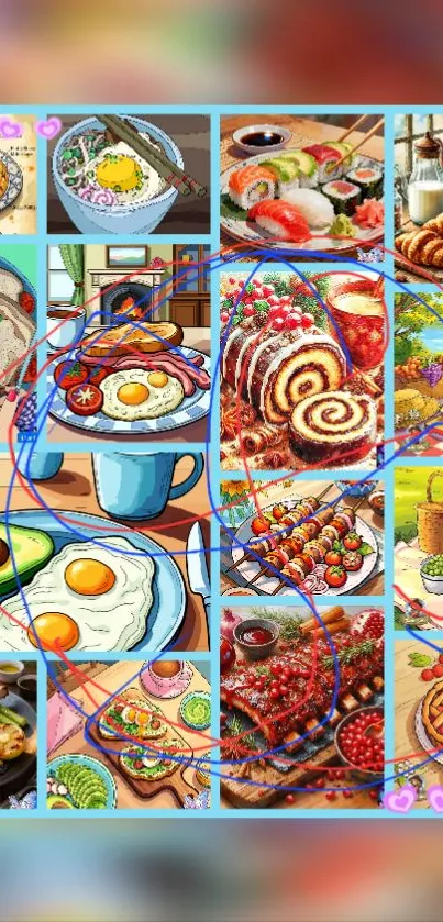Colorful collage of breakfast dishes in a vibrant wallpaper.
