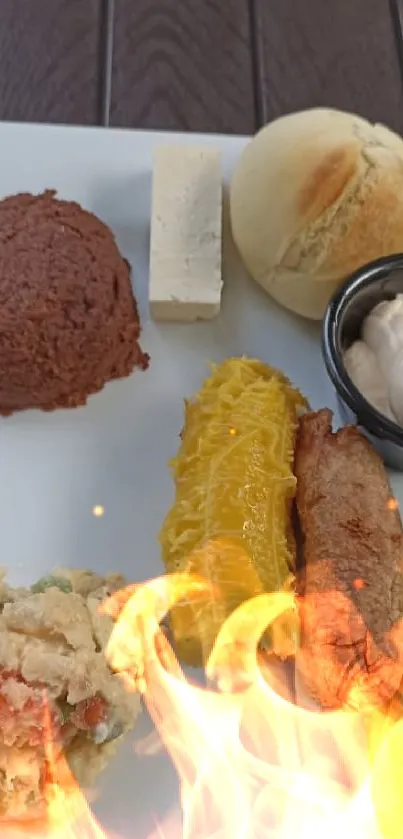 Artistic breakfast plate with avocado, bread, and gourmet items on a white platter.