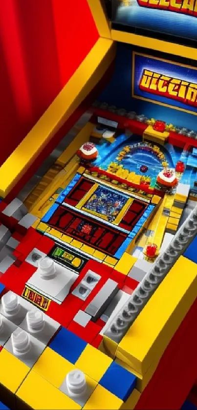 Colorful LEGO arcade machine bursts with vivid hues of red, yellow, and blue.