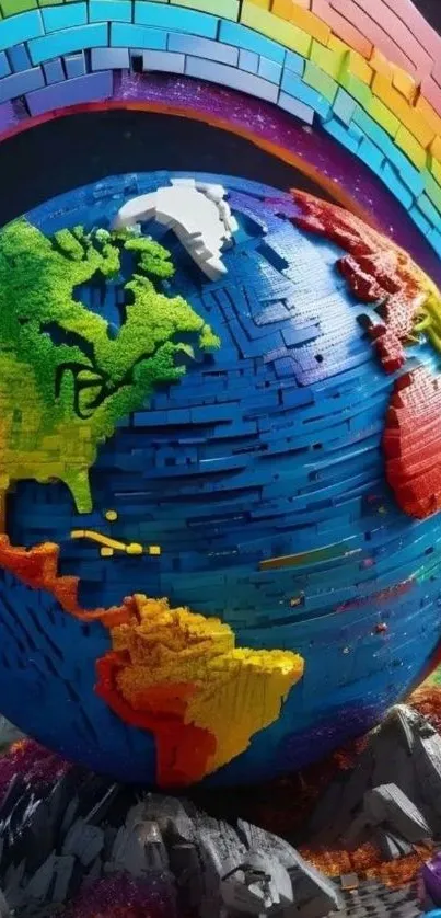 Colorful brick globe with rainbow arches in a vibrant artistic scene.