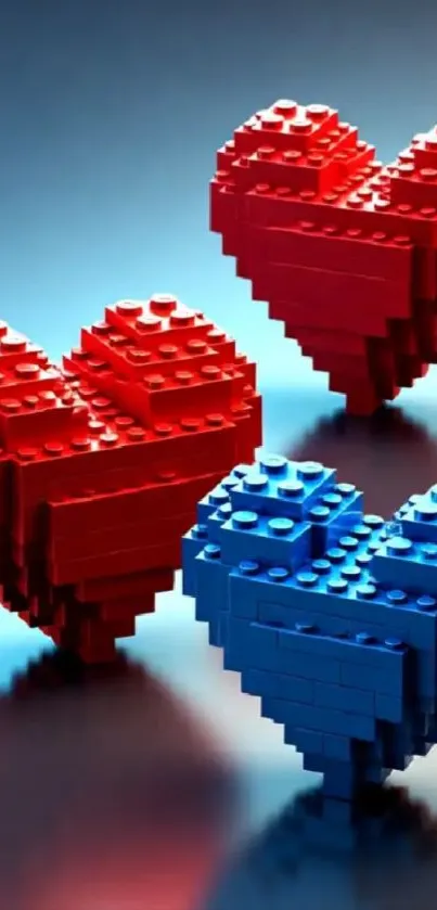 3D red and blue brick heart shapes on reflective surface.