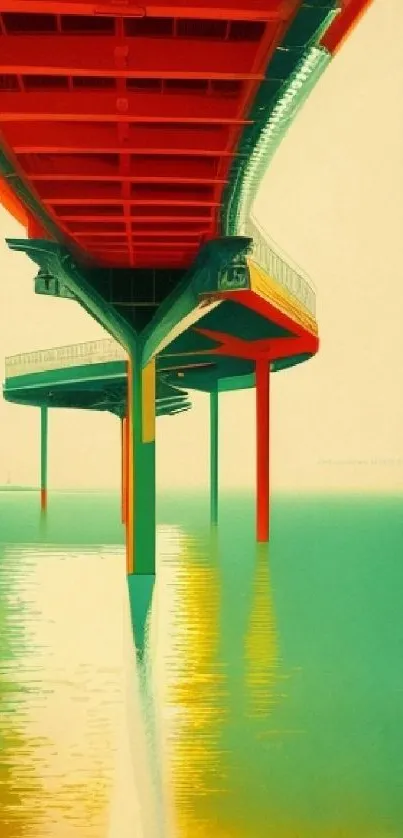 Vibrant abstract bridge over teal water, artistic design.