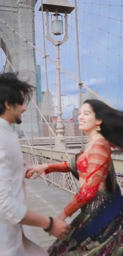 Couple dancing on a bridge with vibrant attire.