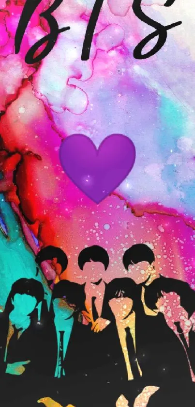 BTS fan art wallpaper with a vibrant, colorful abstract background.