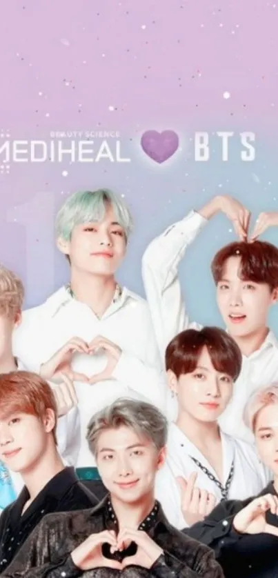 Colorful BTS wallpaper with pastel tones and group members posing with heart gestures.