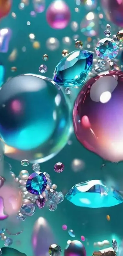 Colorful abstract art with bubbles on a teal background.