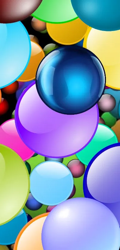 Vibrant abstract wallpaper with colorful bubbles on black background.