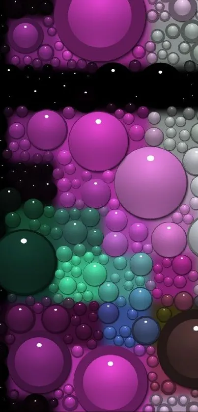 Abstract wallpaper with colorful bubbles in purple, green, and blue on a black background.