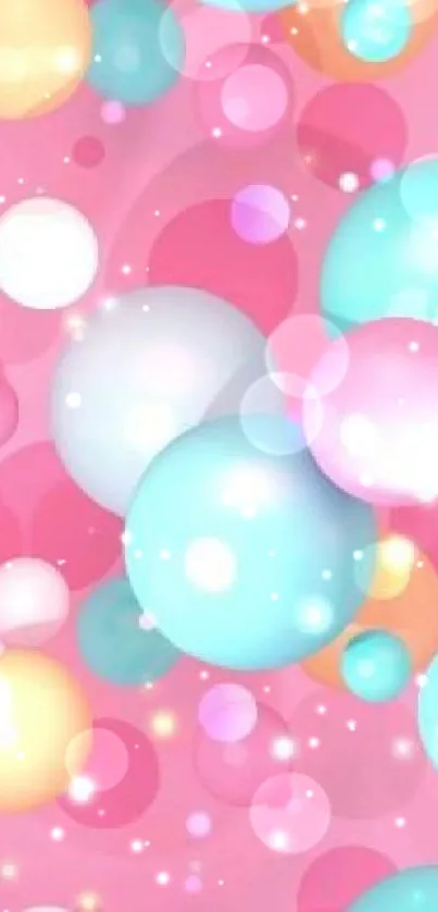 Vibrant mobile wallpaper with colorful bubbles on a pink background.