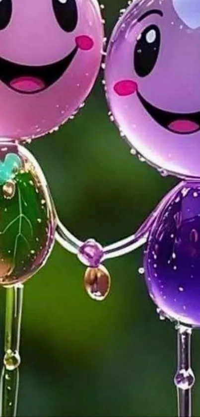 Cheerful bubble characters holding hands on a colorful background.