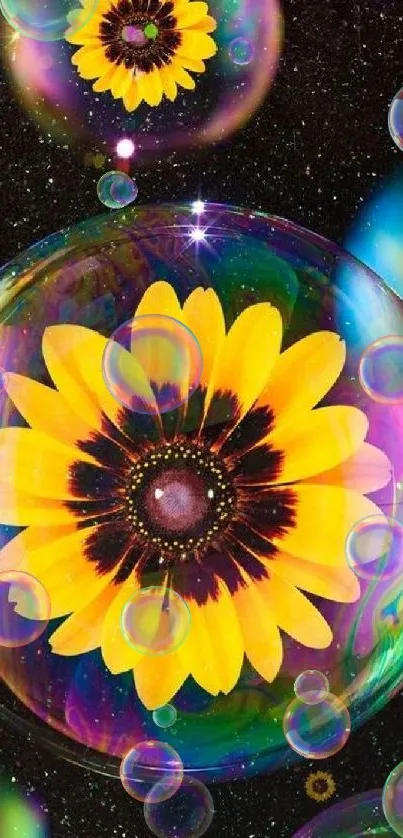 Sunflower encased in an iridescent bubble on a dark starry background.