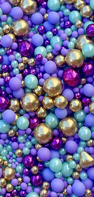 Colorful bubble galaxy with purple, gold, and blue spheres.