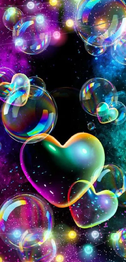 Vibrant heart-shaped bubbles on a cosmic background for mobile wallpaper.