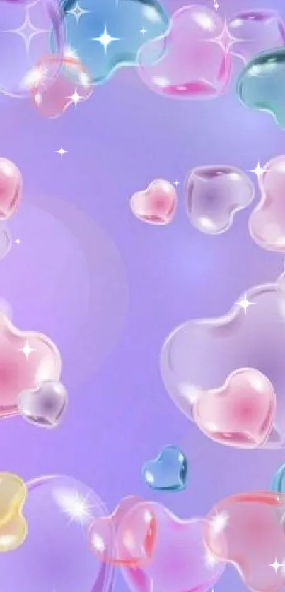 Colorful heart-shaped bubbles on a purple background wallpaper.