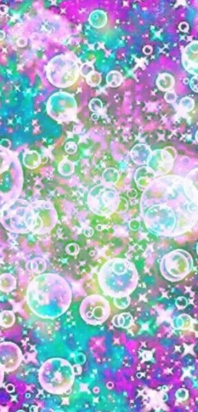 Colorful bubbles with stars on a purple and teal background wallpaper.