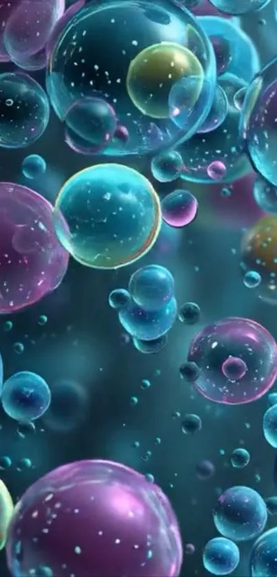 Vibrant colorful bubbles floating on a blue background.