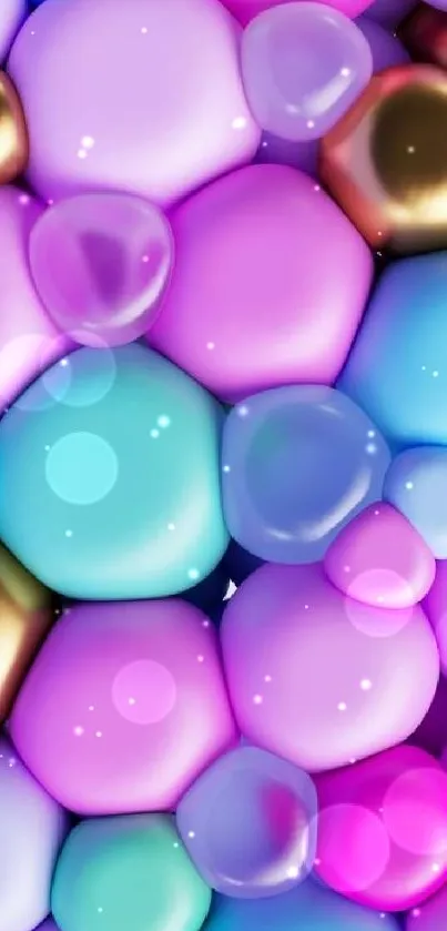 Colorful 3D bubble wallpaper with pink, blue, and gold hues.