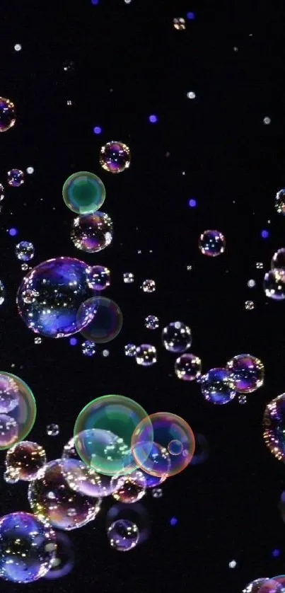 Vibrant mobile wallpaper with colorful bubbles on a dark background.