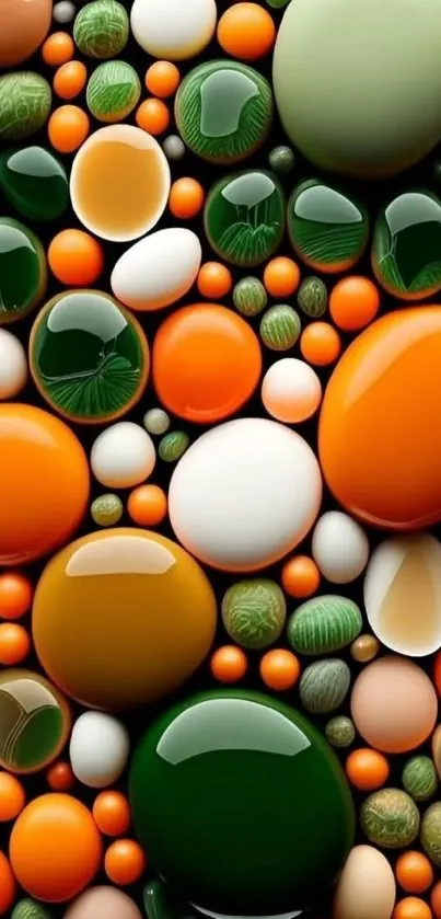 Glossy colorful spheres forming abstract pattern.