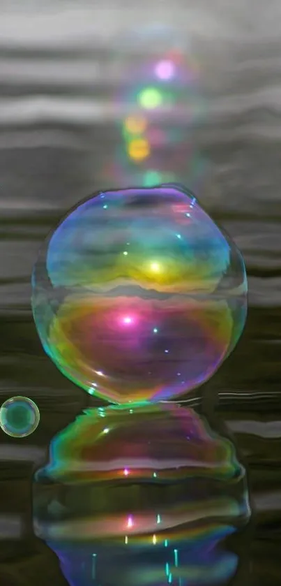 Colorful iridescent bubble reflecting rainbow colors.