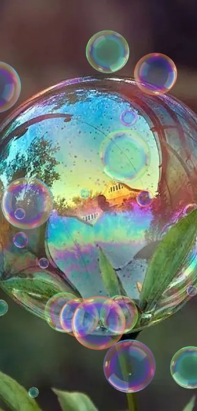 Colorful bubble reflecting a serene landscape with artistic flair.