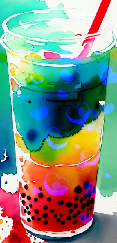 Colorful bubble tea watercolor art with vibrant splashes.