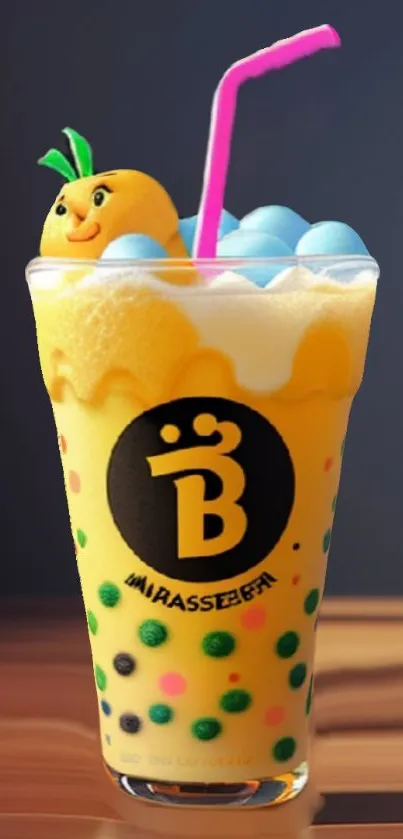 Vibrant bubble tea with colorful bubbles and a cheerful design.